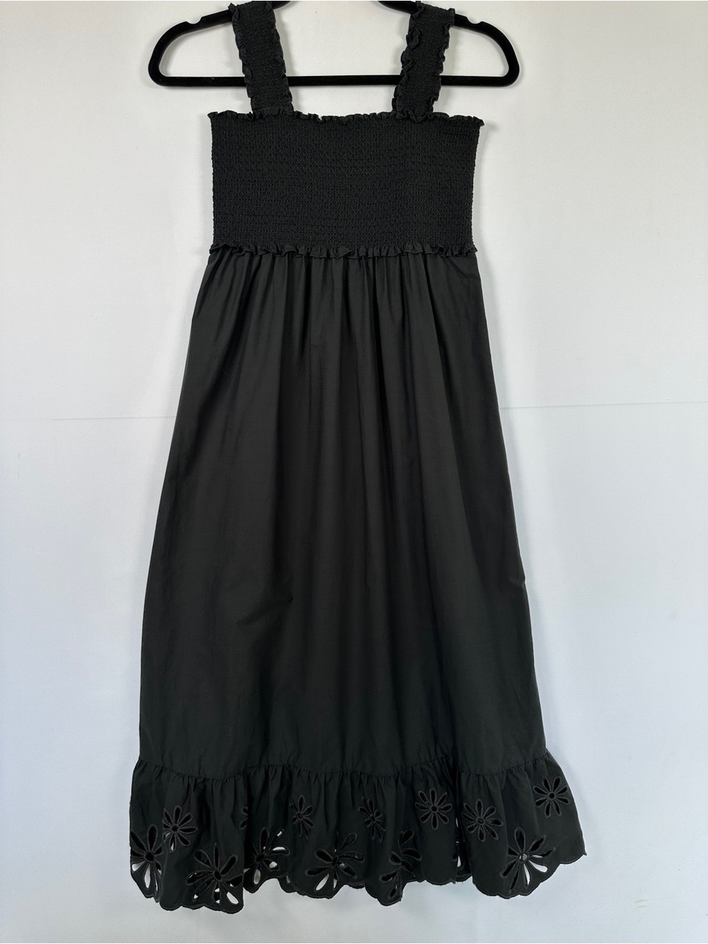 Rails Rumi Black Eyelet Smocked Midi Dress Organic Cotton Tencel SP